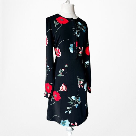 Vintage Y2K Black Long Puffy Sleeve Floral Print Knee Length A-Line Dress Size M - Picture 4 of 7